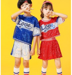 Children's Blue red sequins jazz dance costumes gogo dancers rapper dance outfits Kindergarten cheerleading uniforms hip-hop choir performance clothes